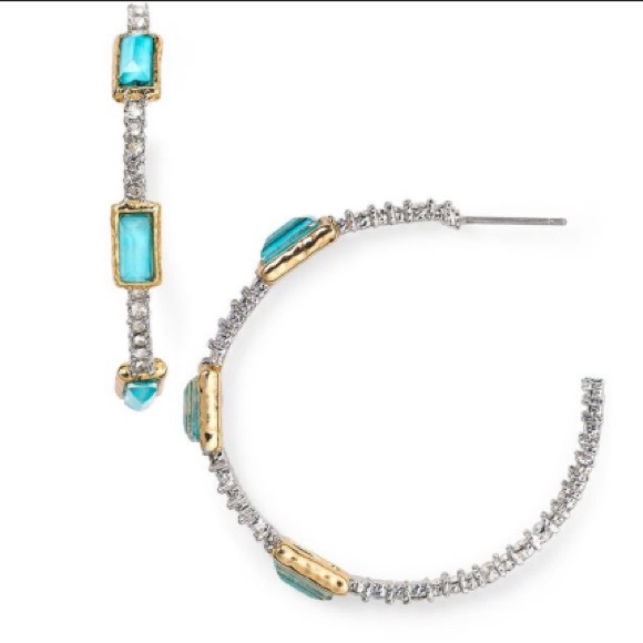 Alexis Bittar Lightweight Turquoise Black Gold Baguette Punk Hoop Post Earrings - Picture 9 of 9